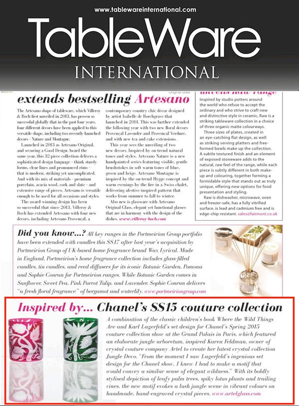 ARTĚL'S Jungle deco double old fashioned glasses featured in Tableware International – March–April issue 2017