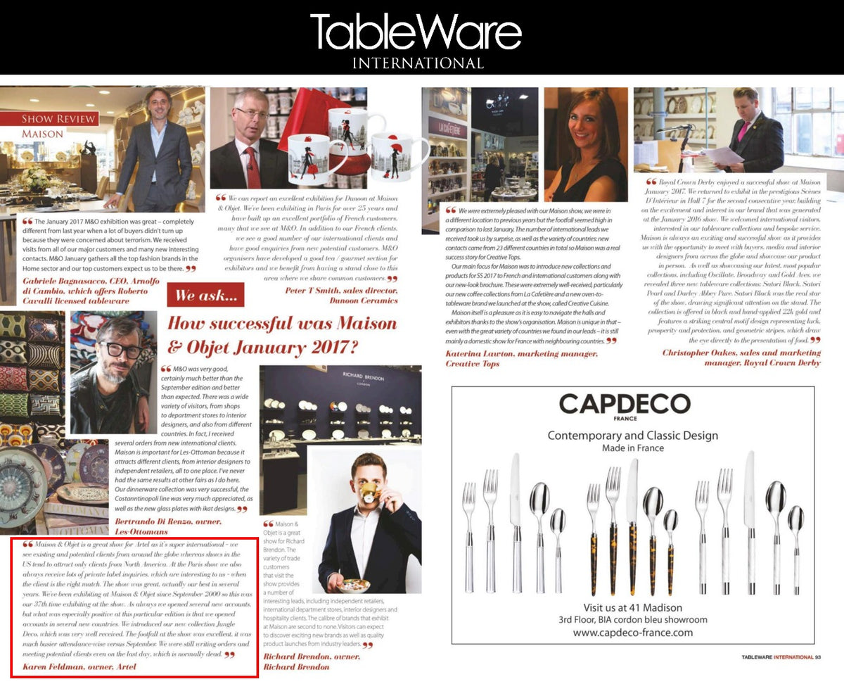 Karen Feldman’s Feedback on Maison & Objet Featured in Tableware International – March–April 2017