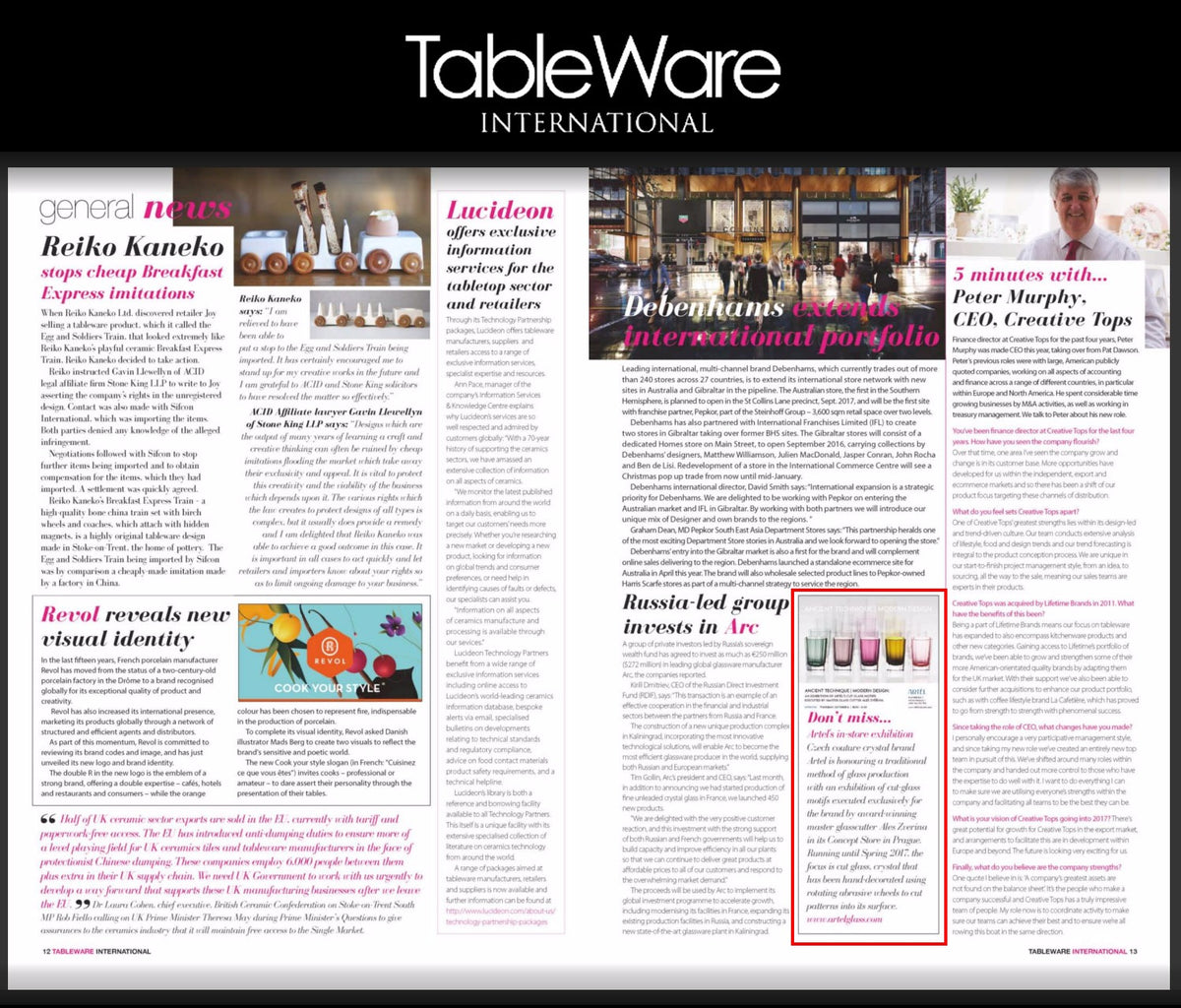 Artěl Featured in Tableware International – November–December 2016