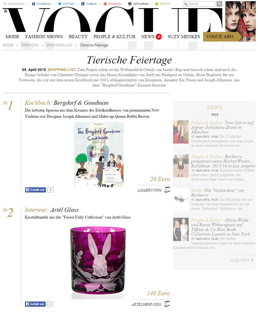 Artěl’s Forest Folly Hare Featured on Vogue Germany Website – April 2015