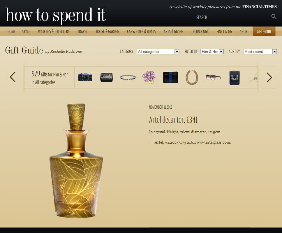 Artěl’s Banana Leaves Barware Decanter Featured in How to Spend It – November 2012