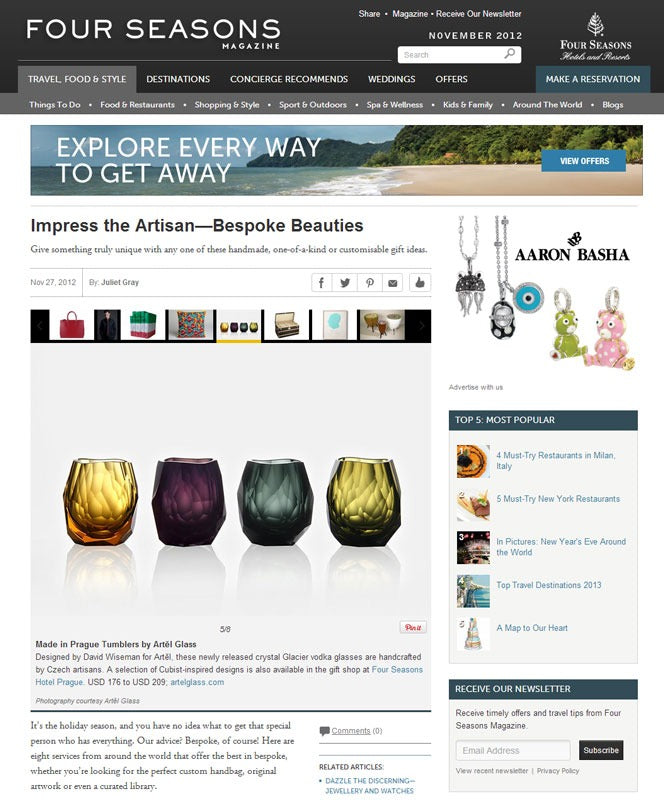 Artěl’s Glacier Vodka Glasses Featured in Four Seasons Magazine – November 2012