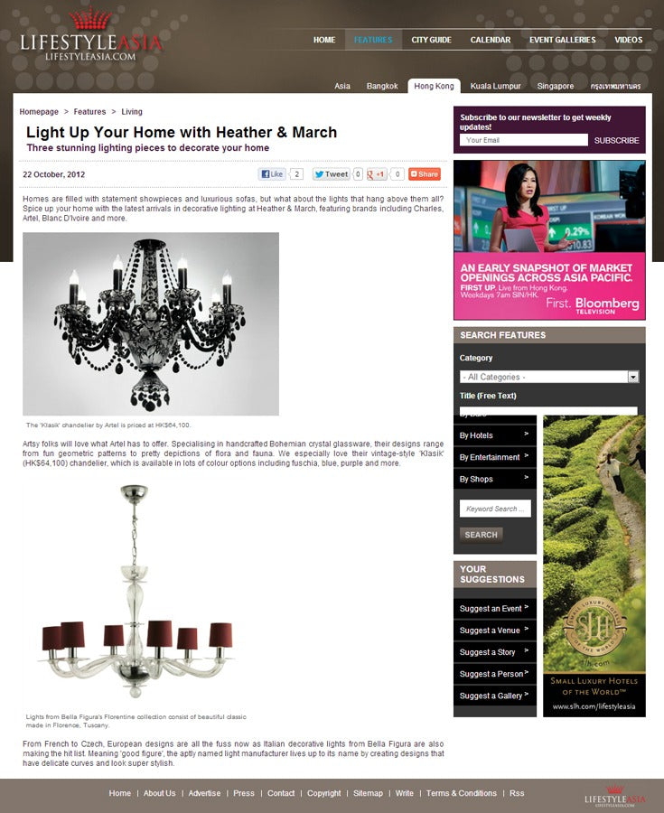 Artěl’s Klasik Chandelier Featured in Lifestyle Asia – October 2012